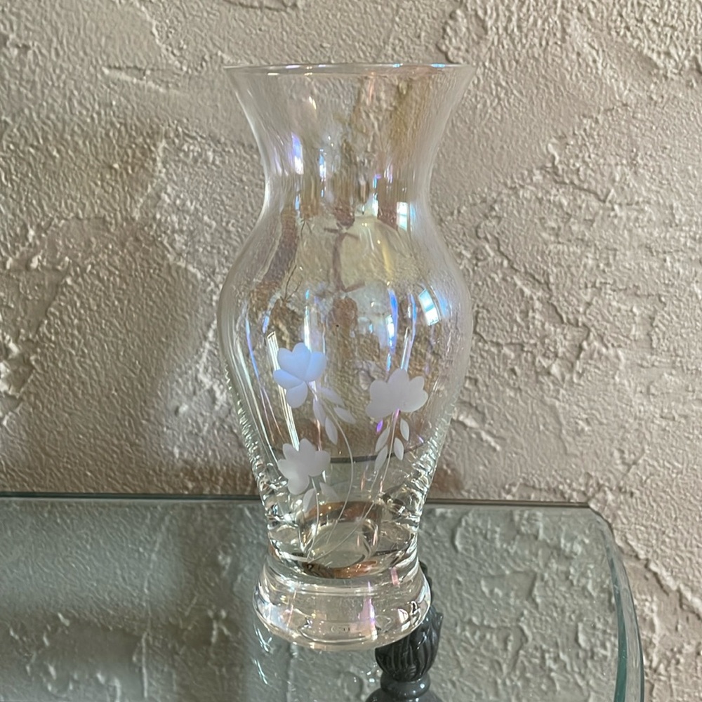 Iridescent vase with etched floral detail in 6 1/4” H x 2 5/8” across top size